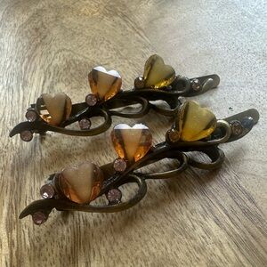 Heart Accent Floral Hair Clips - Amber & Yellow